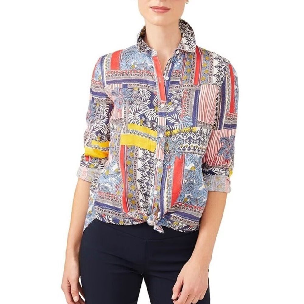 J. McLaughlin Multicolored Long Sleeve Linen Button Down Blouse Size Large - Picture 7 of 7